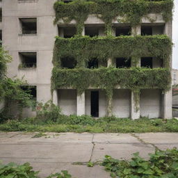 An urban landscape being reclaimed by nature, with intertwining elements of wildlife, vines, and abundant greenery sprouting through the concrete and buildings.