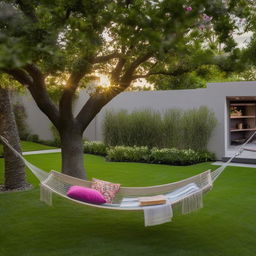 A luscious backyard with manicured lawns, blossoming flowers, a cozy hammock strung between two trees, a glass topped patio table set, and an elaborate stone barbecue pit.