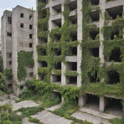 An urban landscape being reclaimed by nature, with intertwining elements of wildlife, vines, and abundant greenery sprouting through the concrete and buildings.