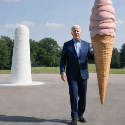 Joe Biden standing, dwarfed by the monumentally gigantic ice cream cone he's attempting to hold.