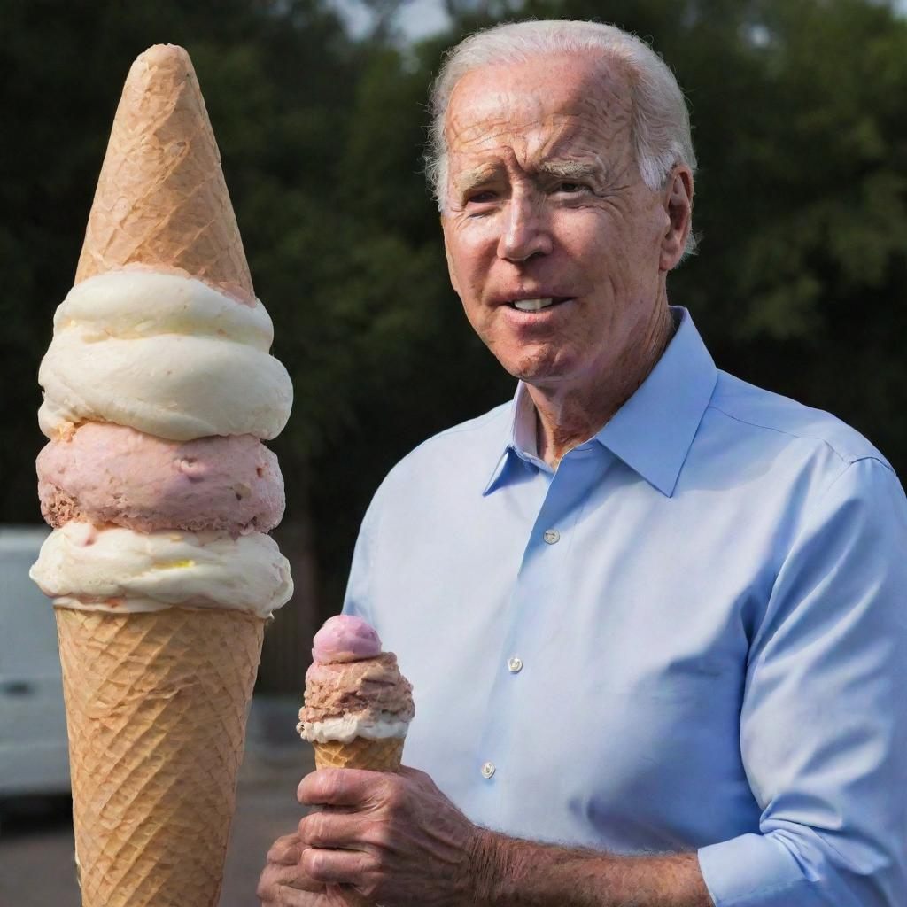 Joe Biden standing, dwarfed by the monumentally gigantic ice cream cone he's attempting to hold.