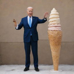 Joe Biden standing, dwarfed by the monumentally gigantic ice cream cone he's attempting to hold.