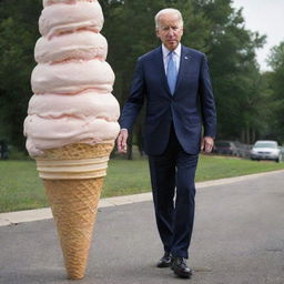 Joe Biden standing, dwarfed by the monumentally gigantic ice cream cone he's attempting to hold.