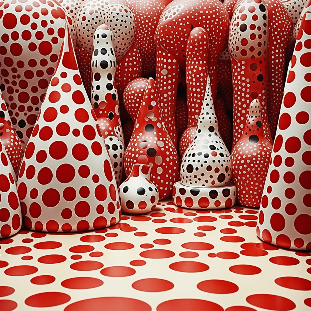 Artwork featuring cats utilizing the evocative, polka-dot-centric style of renowned Japanese artist Yayoi Kusama.