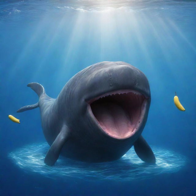 Revise the picture with the sperm whale radiating happiness. The belly laugh of the whale sends ripples of joy through the ocean, its eyes twinkling brighter, and its grin grows wider as it happily holds the giant banana.