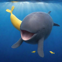 Revise the picture with the sperm whale radiating happiness. The belly laugh of the whale sends ripples of joy through the ocean, its eyes twinkling brighter, and its grin grows wider as it happily holds the giant banana.