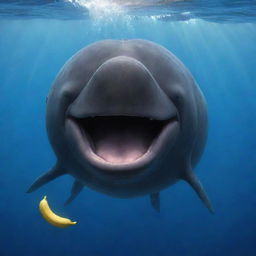 Revise the picture with the sperm whale radiating happiness. The belly laugh of the whale sends ripples of joy through the ocean, its eyes twinkling brighter, and its grin grows wider as it happily holds the giant banana.