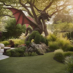 The same luscious backyard from before, but now add a majestic, awe-inspiring dragon gently perched upon a tree, larger-than-life yet peaceful.