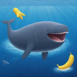 Revise the picture with the sperm whale radiating happiness. The belly laugh of the whale sends ripples of joy through the ocean, its eyes twinkling brighter, and its grin grows wider as it happily holds the giant banana.