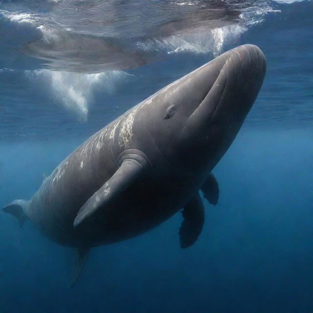 Add a layer of complexity showing the joyful sperm whale now with visible signs of battle. Scars and scratches across its wide body hint at its past encounters, adding a poignant element to the otherwise euphoric scene.