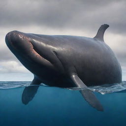 Add a layer of complexity showing the joyful sperm whale now with visible signs of battle. Scars and scratches across its wide body hint at its past encounters, adding a poignant element to the otherwise euphoric scene.