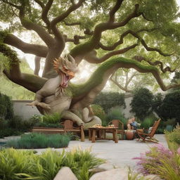 The same luscious backyard from before, but now add a majestic, awe-inspiring dragon gently perched upon a tree, larger-than-life yet peaceful.