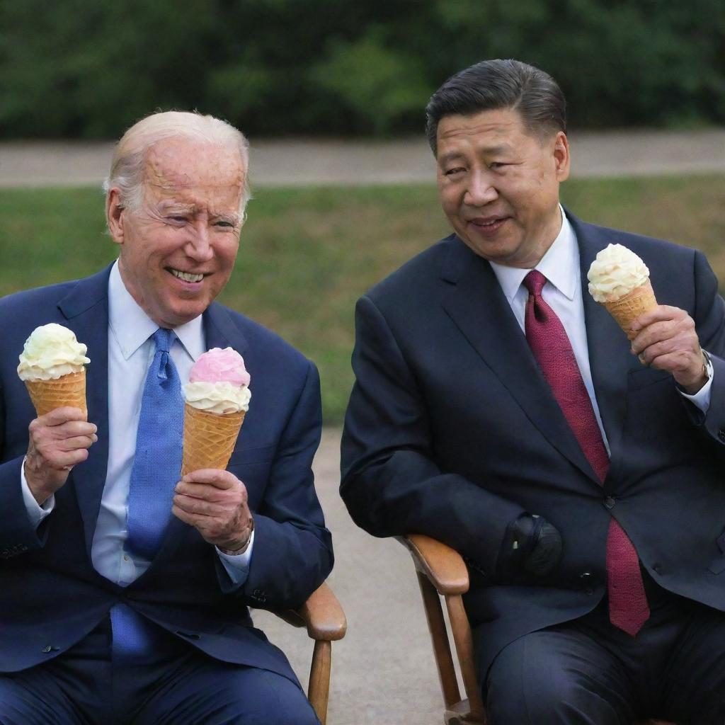 Joe Biden and Xi Jinping sitting together, each enjoying a gigantic ice cream cone.