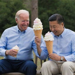 Joe Biden and Xi Jinping sitting together, each enjoying a gigantic ice cream cone.