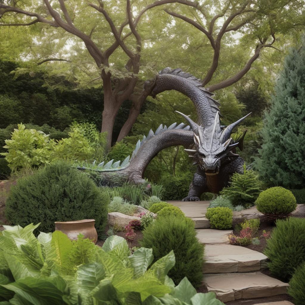 The same luscious backyard from before, but now add a majestic, awe-inspiring dragon gently perched upon a tree, larger-than-life yet peaceful.