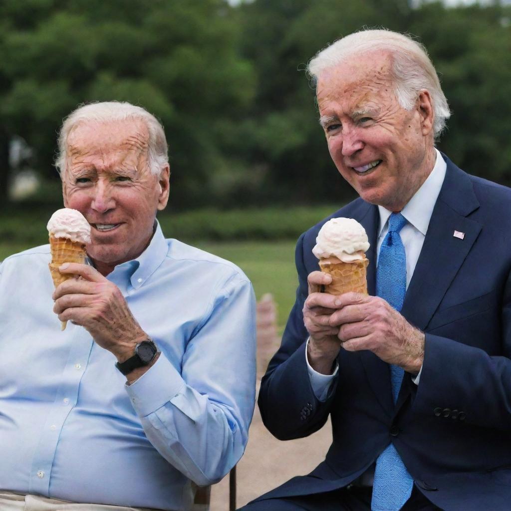 Joe Biden and Xi Jinping sitting together, each enjoying a gigantic ice cream cone.