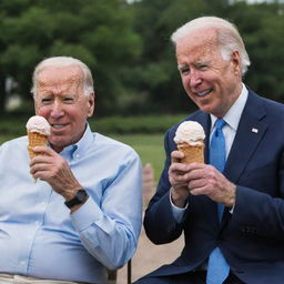 Joe Biden and Xi Jinping sitting together, each enjoying a gigantic ice cream cone.