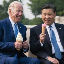 Joe Biden and Xi Jinping sitting together, each enjoying a gigantic ice cream cone.