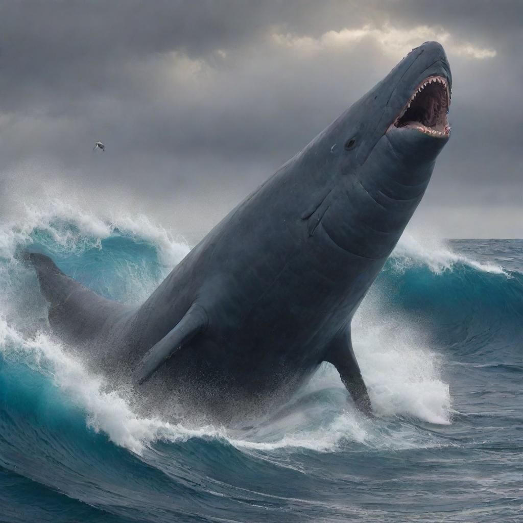 Alter the depiction to present the scarred, previously gleeful sperm whale, now locked in an epic battle with a formidable shark in the enraged ocean waves. Their showdown reflecting the raw power and tenacity of life in the wild sea.