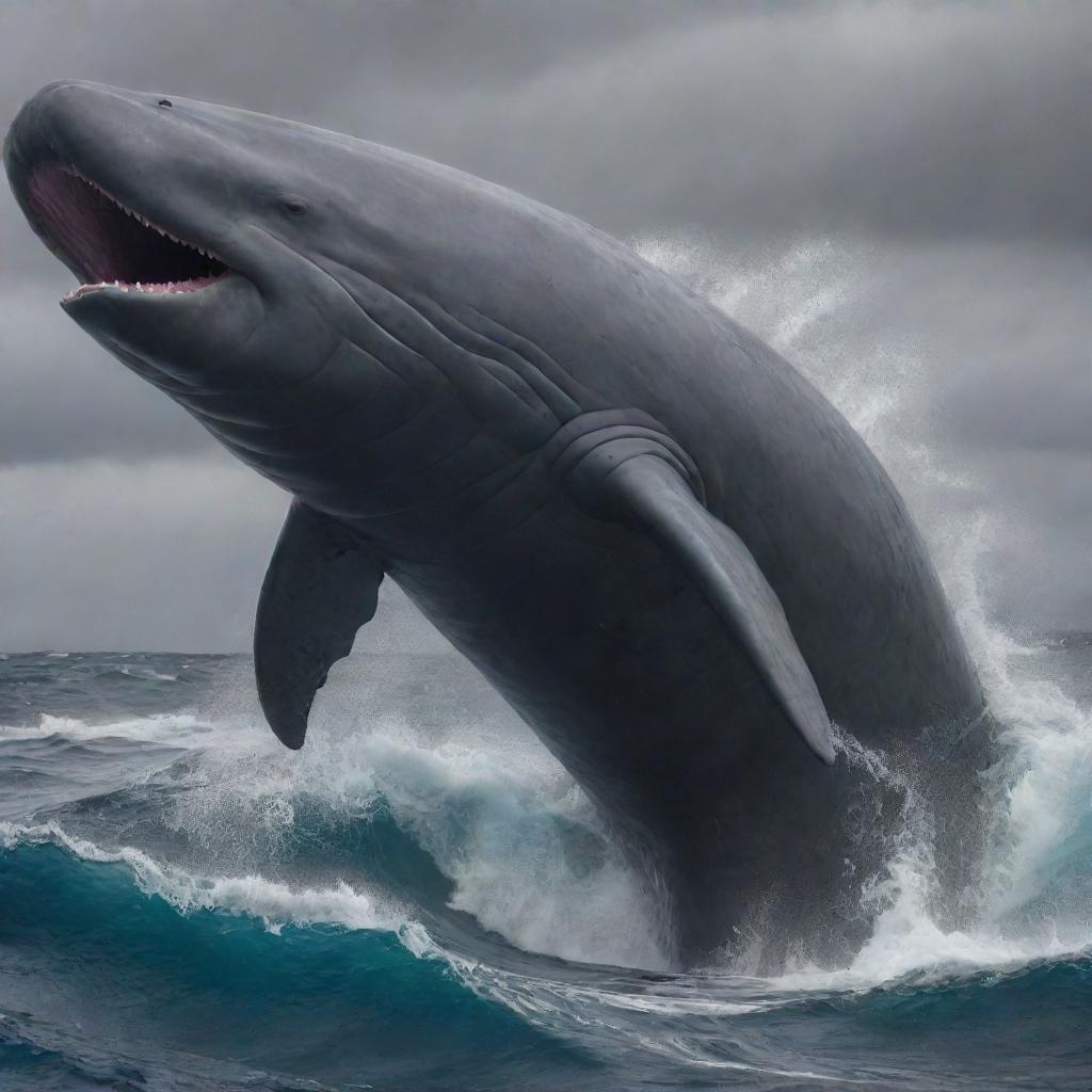 Alter the depiction to present the scarred, previously gleeful sperm whale, now locked in an epic battle with a formidable shark in the enraged ocean waves. Their showdown reflecting the raw power and tenacity of life in the wild sea.