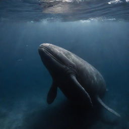 Create a poignant scene showing the mighty sperm whale, marked by scars and battles, reaching the end of its journey. Suspended silently in the serene depths of the ocean, surrounded by a solemn congregation of oceanic creatures paying their respects.