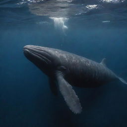 Create a poignant scene showing the mighty sperm whale, marked by scars and battles, reaching the end of its journey. Suspended silently in the serene depths of the ocean, surrounded by a solemn congregation of oceanic creatures paying their respects.