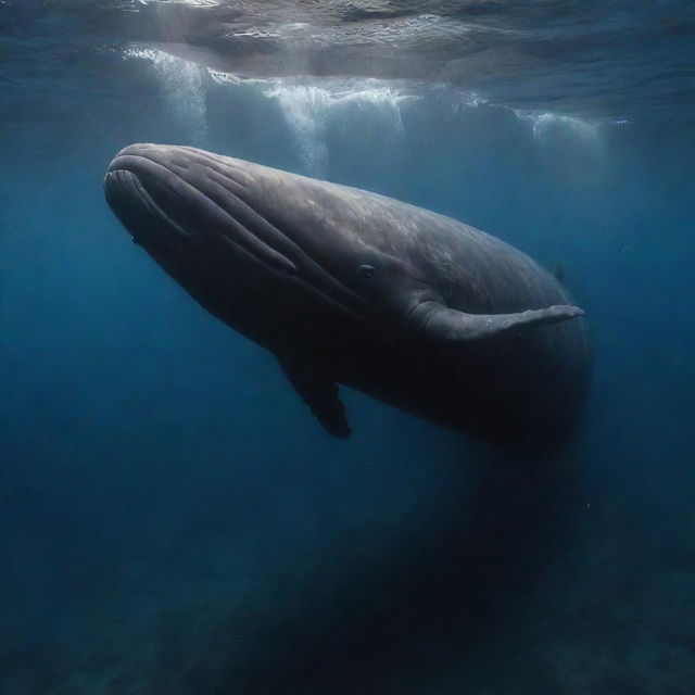 Create a poignant scene showing the mighty sperm whale, marked by scars and battles, reaching the end of its journey. Suspended silently in the serene depths of the ocean, surrounded by a solemn congregation of oceanic creatures paying their respects.