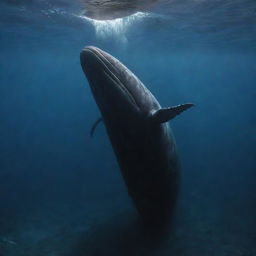 Create a poignant scene showing the mighty sperm whale, marked by scars and battles, reaching the end of its journey. Suspended silently in the serene depths of the ocean, surrounded by a solemn congregation of oceanic creatures paying their respects.