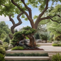 The same luscious backyard from before, but now add a majestic, awe-inspiring dragon gently perched upon a tree, larger-than-life yet peaceful.