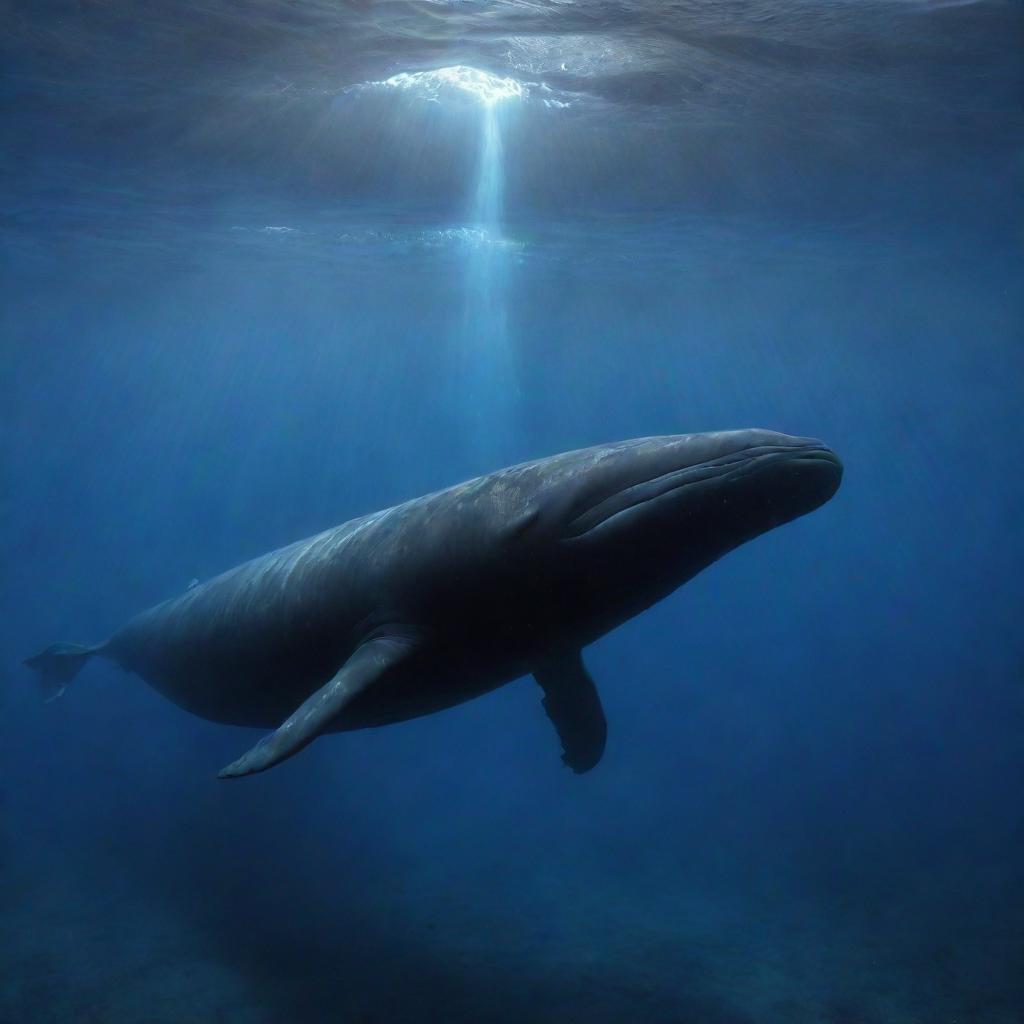 Evoke an awe-inspiring scene of a spectral sperm whale, its ghostly form gliding serenely through the ocean depths. Ethereal blue light illuminates its path, casting an otherworldly glow on the majestic marine spectre.