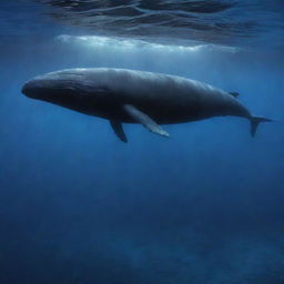 Evoke an awe-inspiring scene of a spectral sperm whale, its ghostly form gliding serenely through the ocean depths. Ethereal blue light illuminates its path, casting an otherworldly glow on the majestic marine spectre.