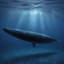 Evoke an awe-inspiring scene of a spectral sperm whale, its ghostly form gliding serenely through the ocean depths. Ethereal blue light illuminates its path, casting an otherworldly glow on the majestic marine spectre.