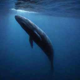 Evoke an awe-inspiring scene of a spectral sperm whale, its ghostly form gliding serenely through the ocean depths. Ethereal blue light illuminates its path, casting an otherworldly glow on the majestic marine spectre.