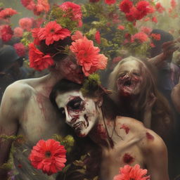 Zombies encapsulated in a macabre springtime ambiance, their wounds sprouting vibrant, blossoming flowers in a paradoxical display of life and death.