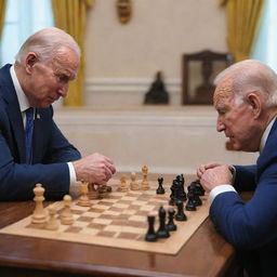 Vladimir Putin and Joe Biden locked in a focused chess battle, with Biden executing a checkmate move.