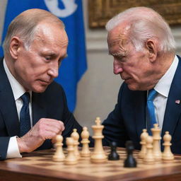 Vladimir Putin and Joe Biden locked in a focused chess battle, with Biden executing a checkmate move.