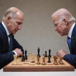 Vladimir Putin and Joe Biden locked in a focused chess battle, with Biden executing a checkmate move.