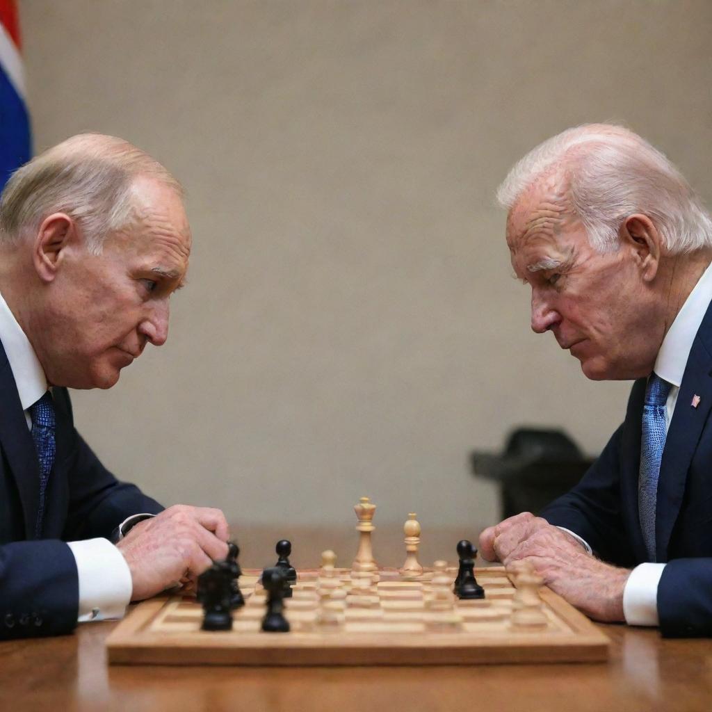 Vladimir Putin and Joe Biden locked in a focused chess battle, with Biden executing a checkmate move.