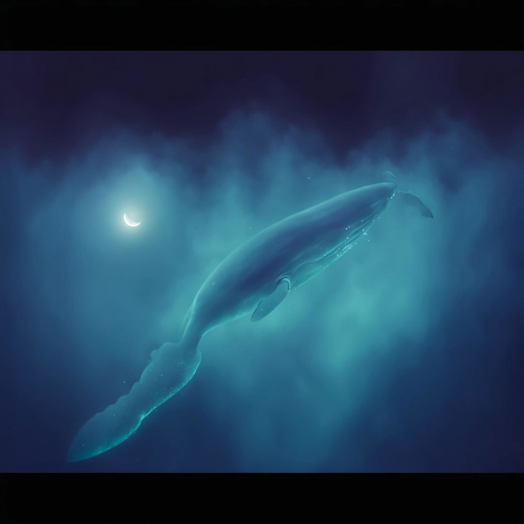 A translucent ghostly whale soaring through a misty night sky, radiant in the moonlight