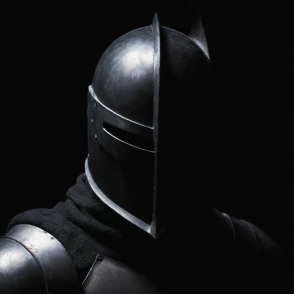 A dark, imposing knight concealed in shadows, with his face hidden by an enigmatic helmet.