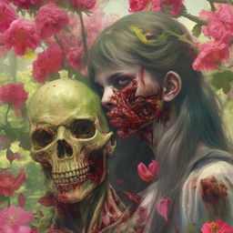 Zombies encapsulated in a macabre springtime ambiance, their wounds sprouting vibrant, blossoming flowers in a paradoxical display of life and death.