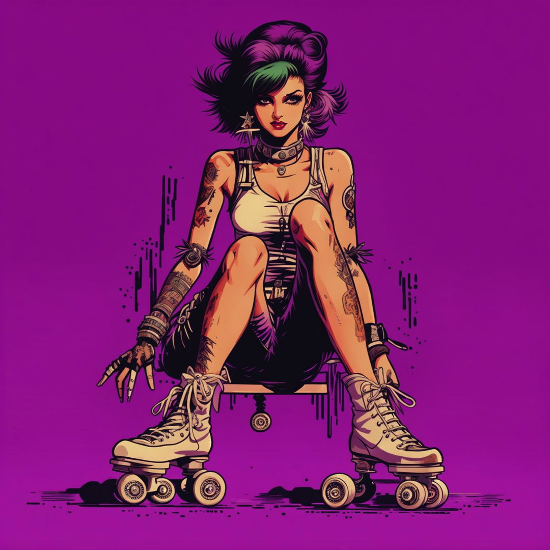 Create a vintage comic book art of a 2000s era punk girl in roller skates with dominant purple hues