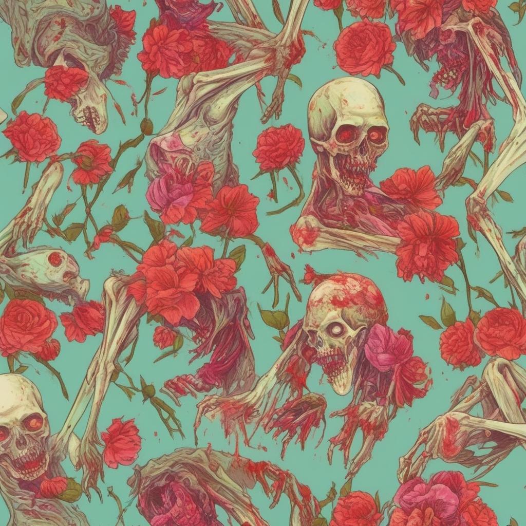 Zombies encapsulated in a macabre springtime ambiance, their wounds sprouting vibrant, blossoming flowers in a paradoxical display of life and death.