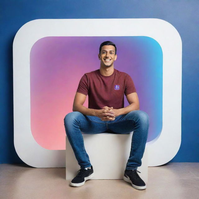 Realistic 3D man sitting casually on the Instagram logo embedded in a Facebook backdrop. The background displays a social media profile page with the username 'Akash Das' and a matching profile picture.