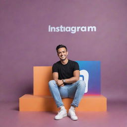 Realistic 3D man sitting casually on the Instagram logo embedded in a Facebook backdrop. The background displays a social media profile page with the username 'Akash Das' and a matching profile picture.