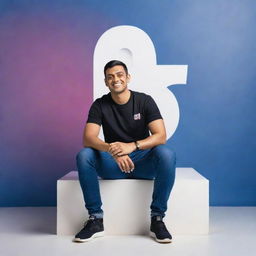 Realistic 3D man sitting casually on the Instagram logo embedded in a Facebook backdrop. The background displays a social media profile page with the username 'Akash Das' and a matching profile picture.