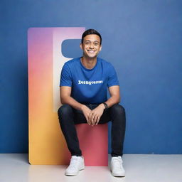 Realistic 3D man sitting casually on the Instagram logo embedded in a Facebook backdrop. The background displays a social media profile page with the username 'Akash Das' and a matching profile picture.