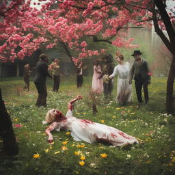 Zombies encapsulated in a macabre springtime ambiance, their wounds sprouting vibrant, blossoming flowers in a paradoxical display of life and death.