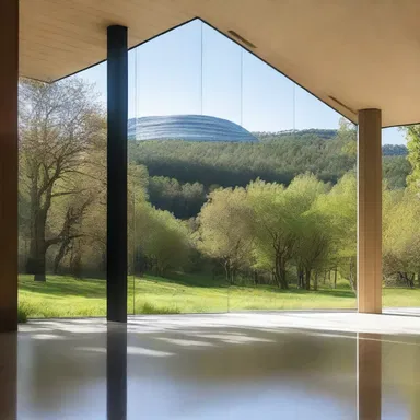 The modernist building design incorporated large glass panels that created a shattering effect, reflecting the surrounding landscape.