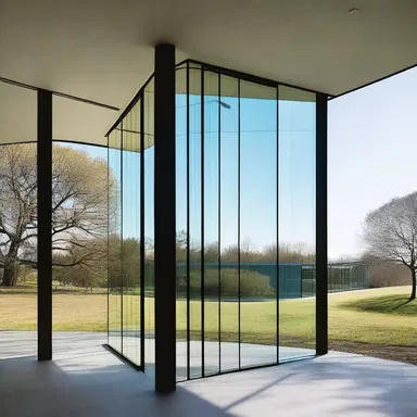 The modernist building design incorporated large glass panels that created a shattering effect, reflecting the surrounding landscape.